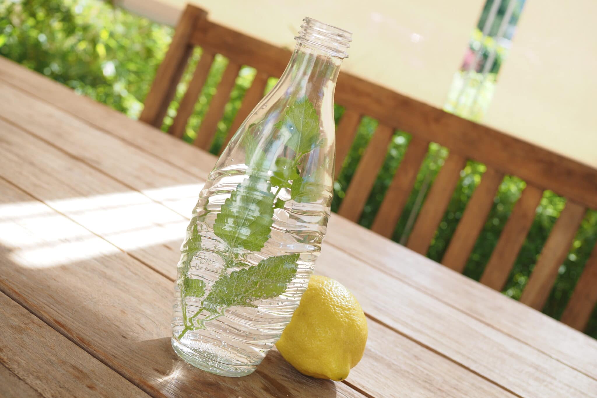 Infused Water in Soda Stream Flasche auf Tisch