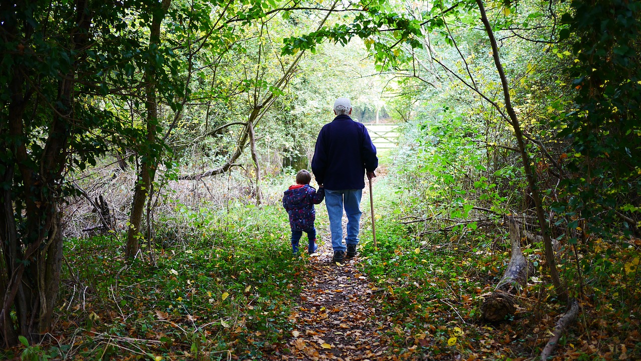 Grossvater geht mit Enkel durch den Wald