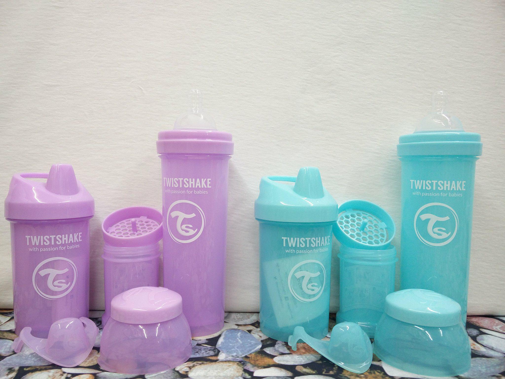 Twistshake-Flaschen in lila und blau