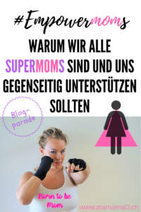 Empowermoms Pinterest-Grafik, Mama mit Boxbandagen